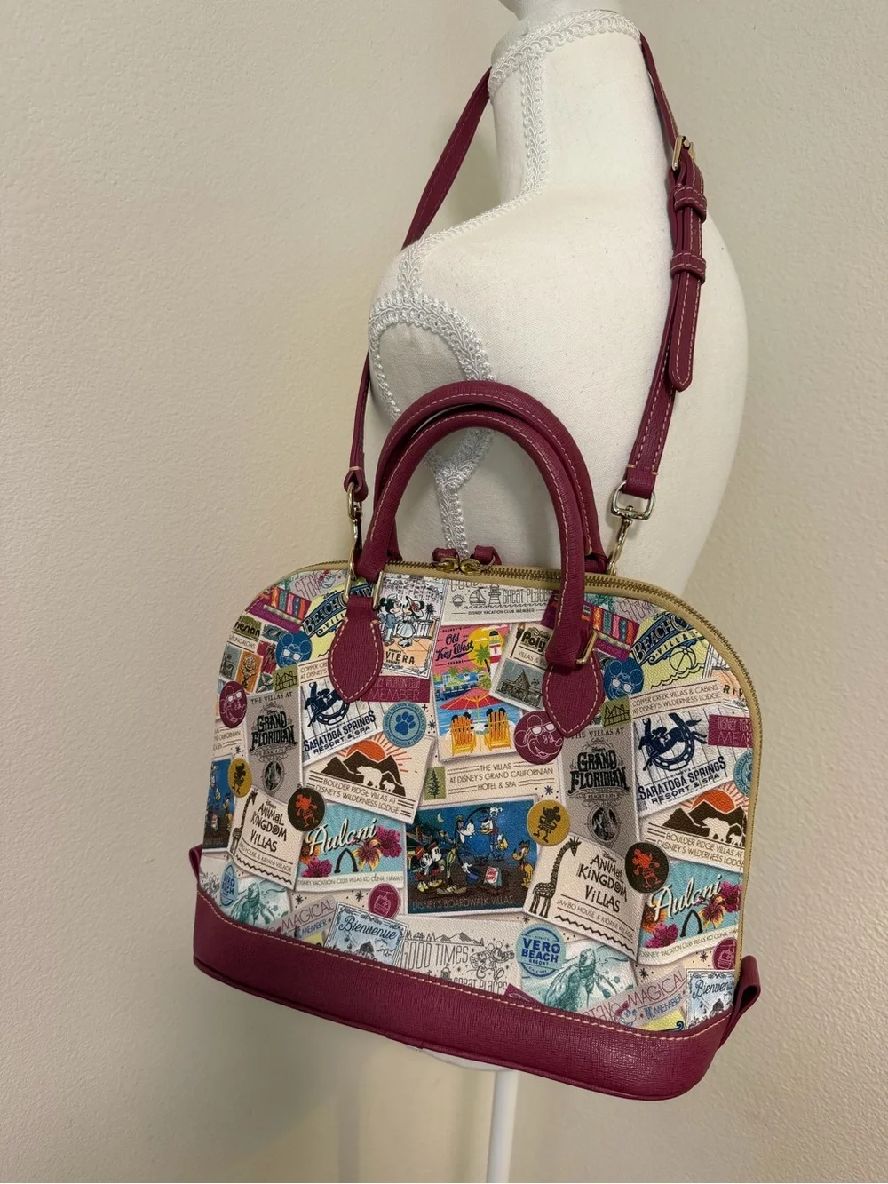 Dooney & Bourke Multicolor Disney Vacation Club Dome Satchel Burgundy Trim Purse